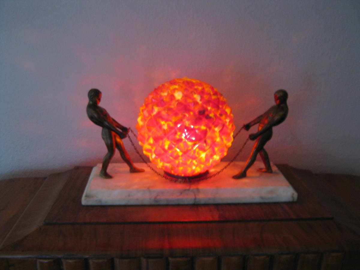 Art Deco bronze male Czechoslovakian glass globe lamp - Art Deco