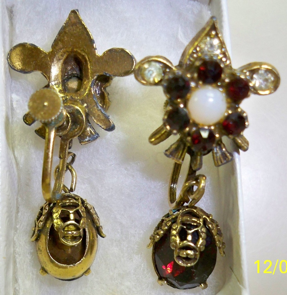 Victorian Drop Screw Back Earrings - Garnet, Crystals, Opal, Skull