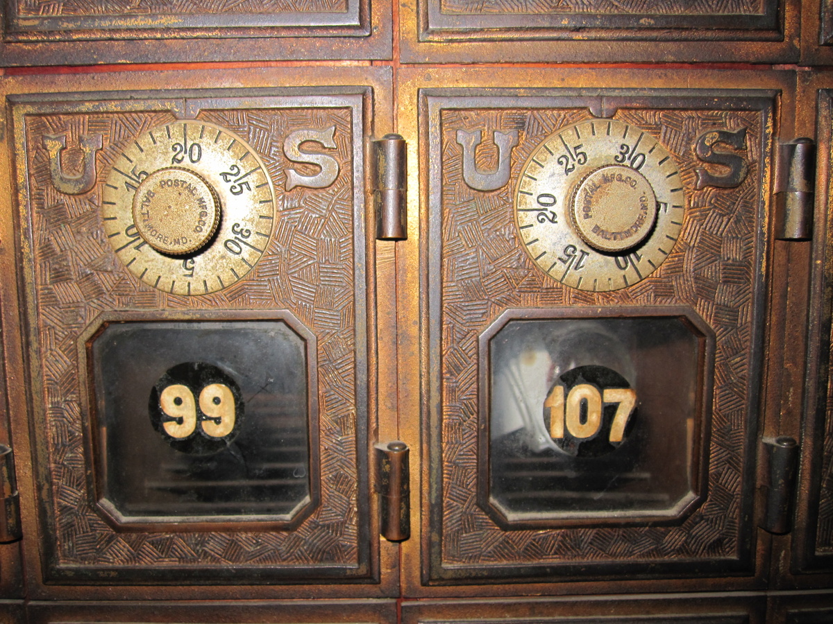 Postal wall with bronze boxes at Stoudt's Black Angus Antique Mall - Office