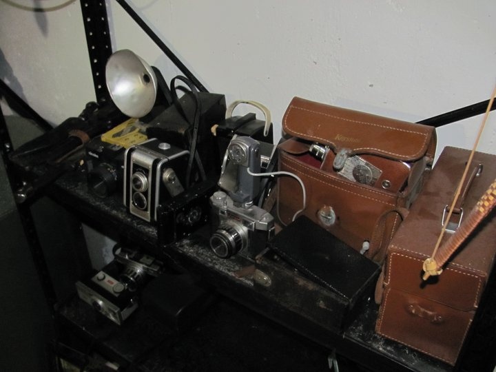 antique cameras, railroad lights, fire extinguisher - Cameras