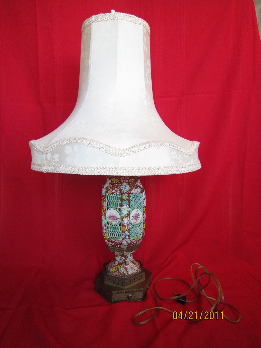 Antique Chinese Pierced Porcelain Table Lamp with Silk Shade