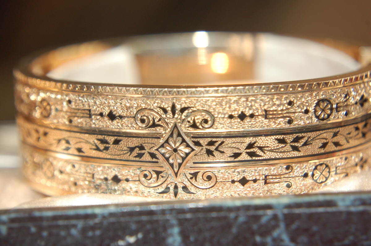 2 Rose gold 'email de talle d' epargne bracelets in original hinged box