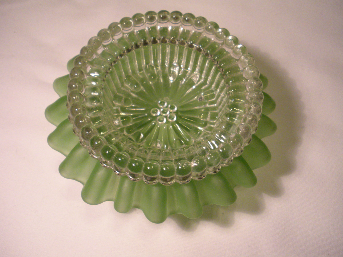 Green Satin Glass Bowl (?) (2 parts) WHO MADE IT? Any other Info? - Art Glass
