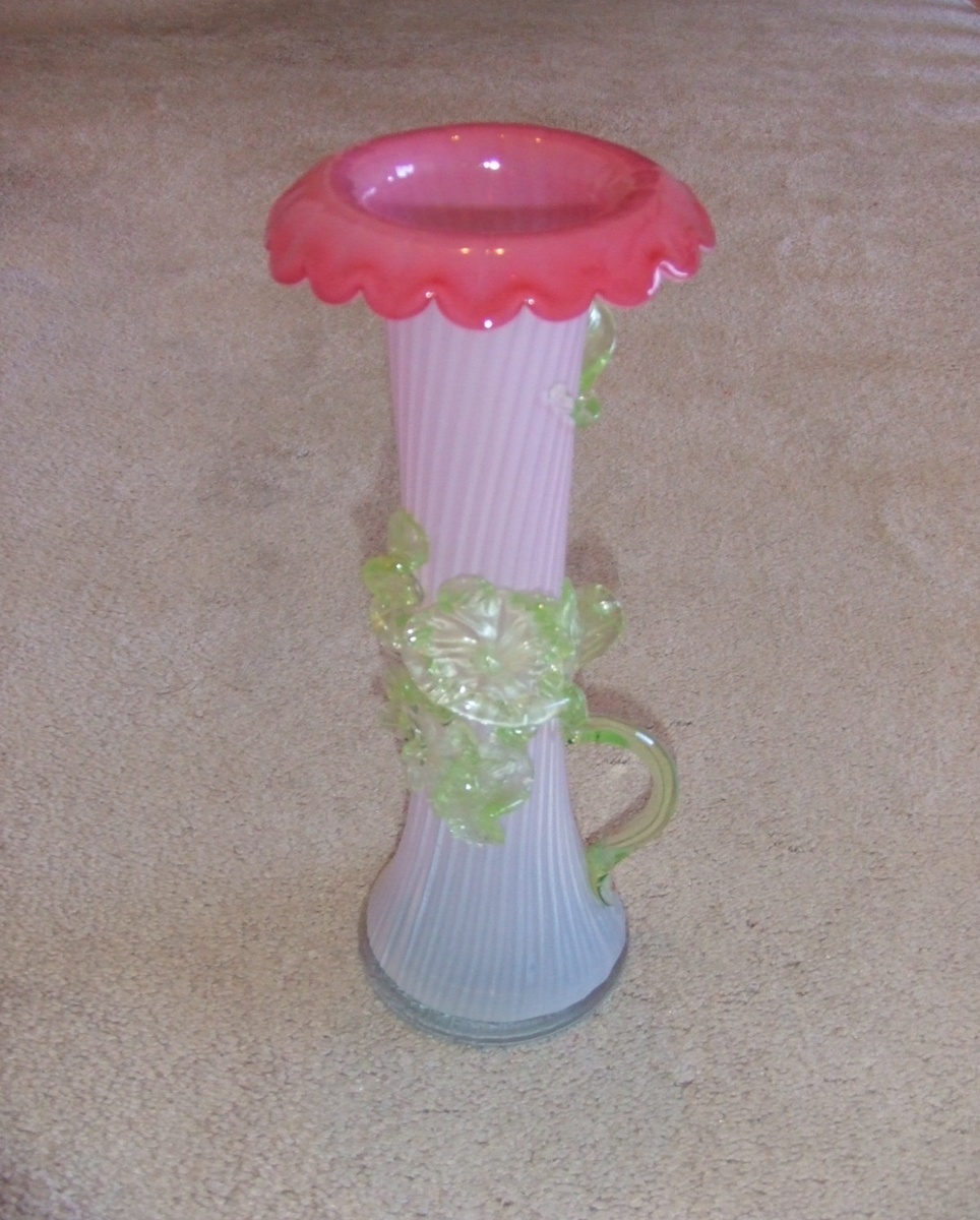 Large art glass vase with applied vine and flowers