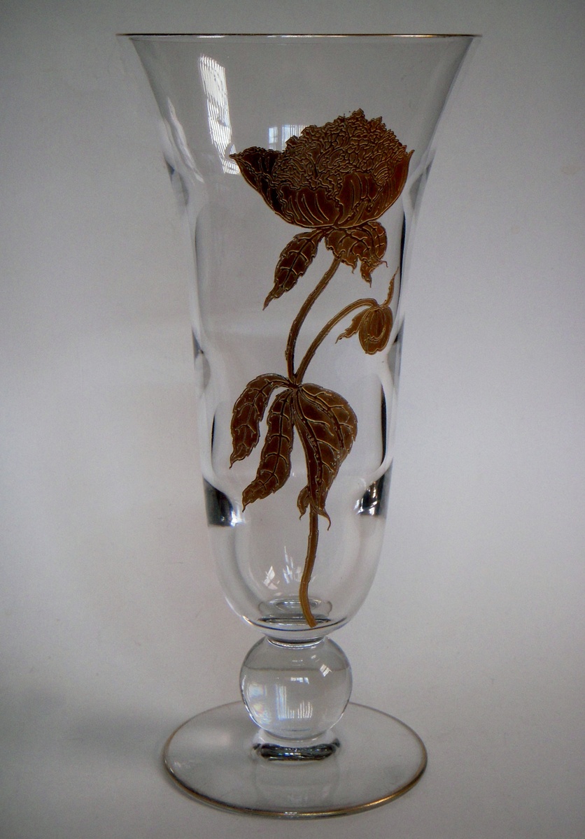 13" Elegant Glass Vase w/Acid Etched & Gold Leafed Peony flower