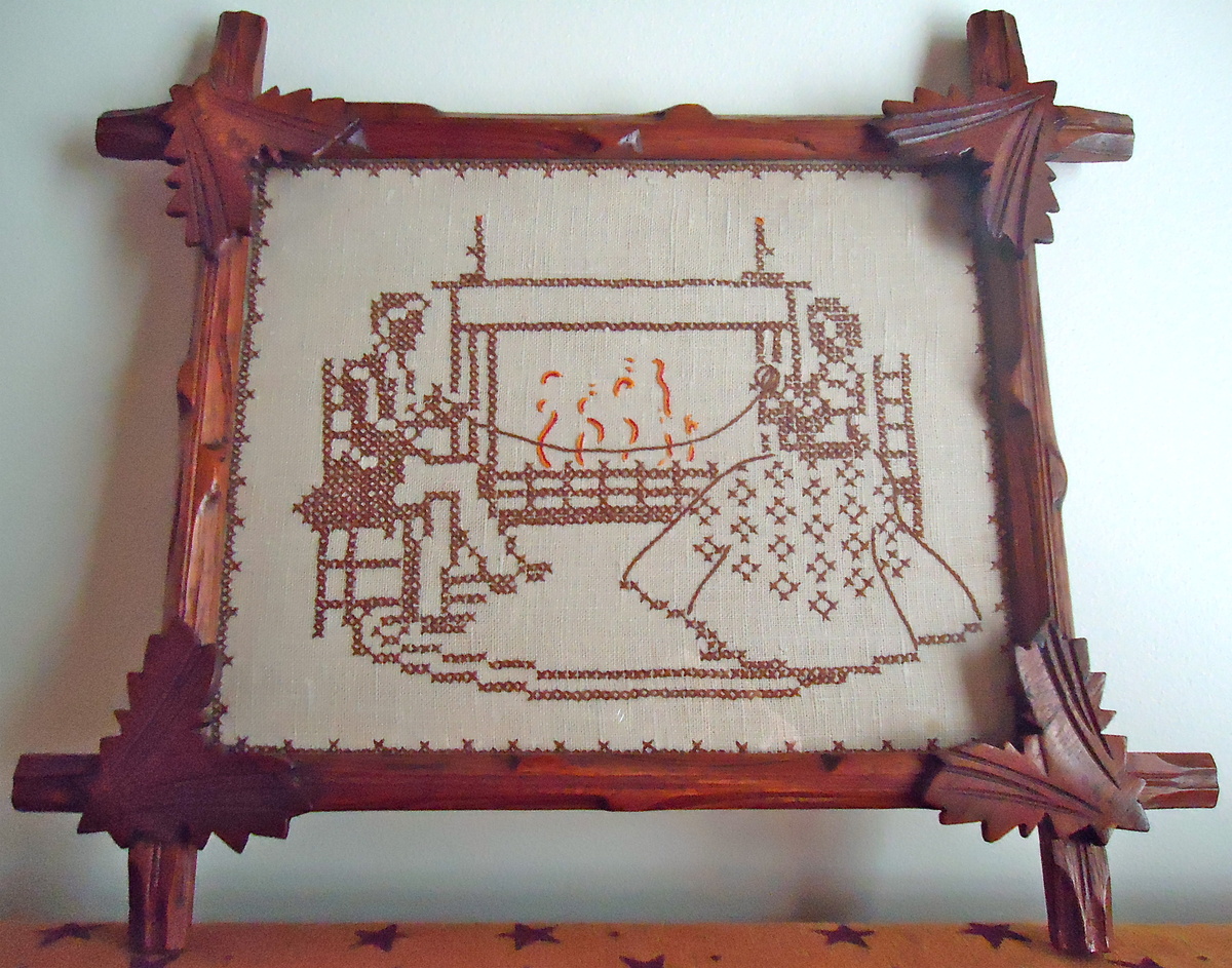 Sampler with Vintage Adirondack Wood Frame - Folk Art