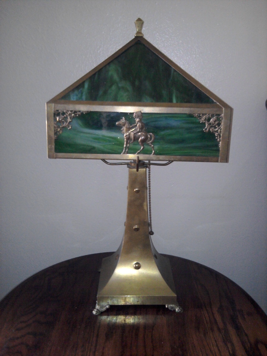 Antique Green Slag and Brass Indian Lamp