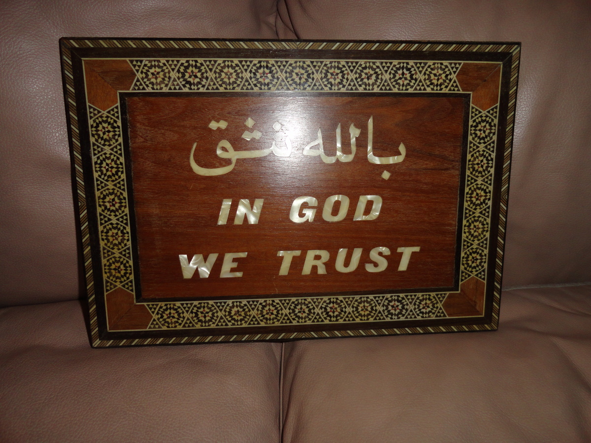 IN GOD WE TRUST ... In what language? A beautiful, hand made plaque.  - Signs