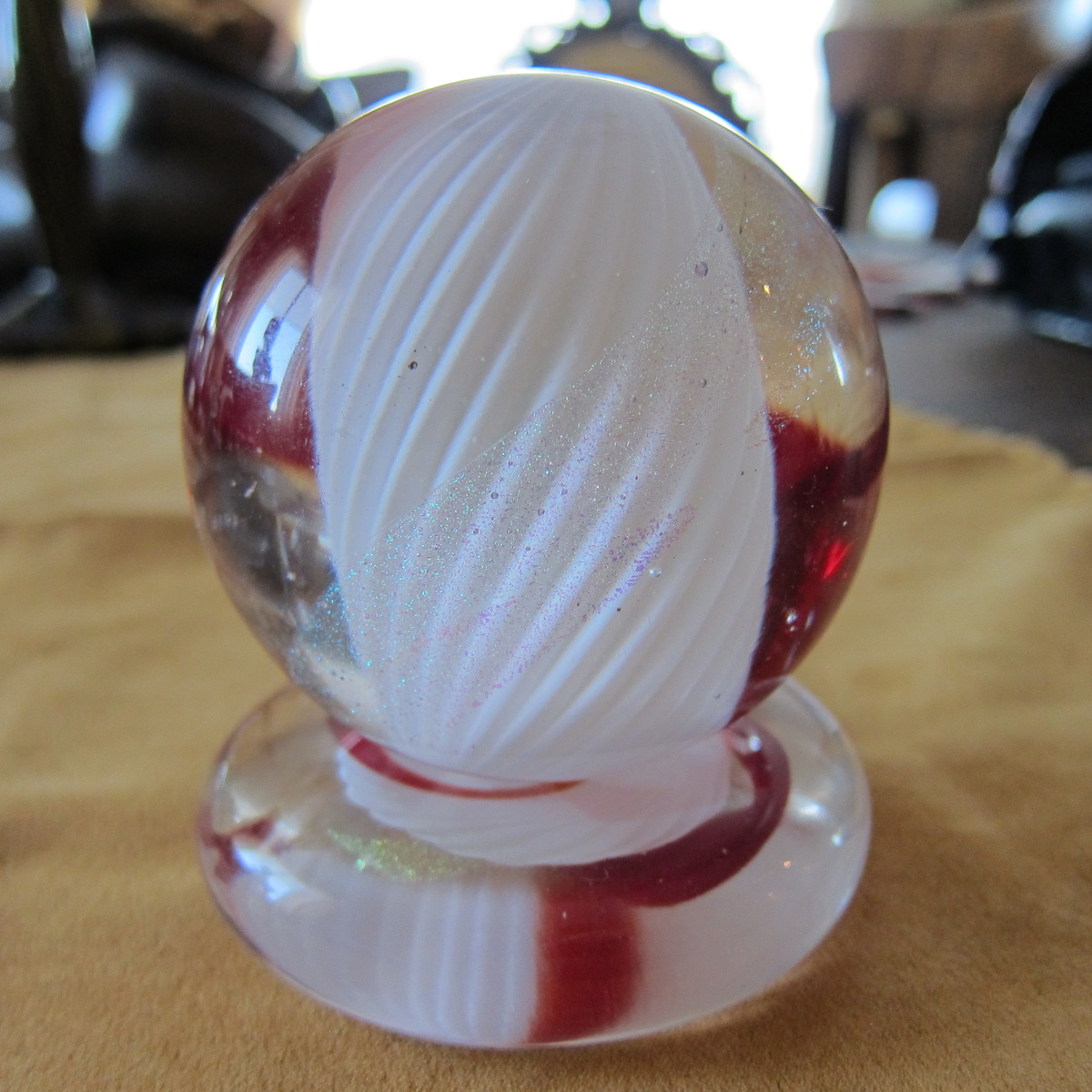 Beautiful Red and Weight Paperweight with Stand