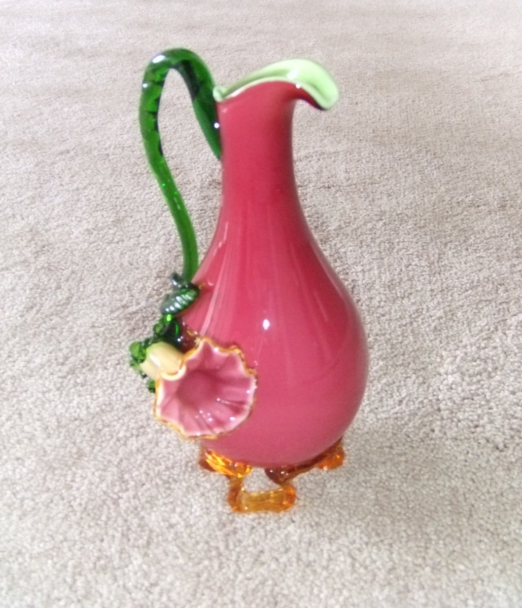 Harrach art glass ewer with applied flower