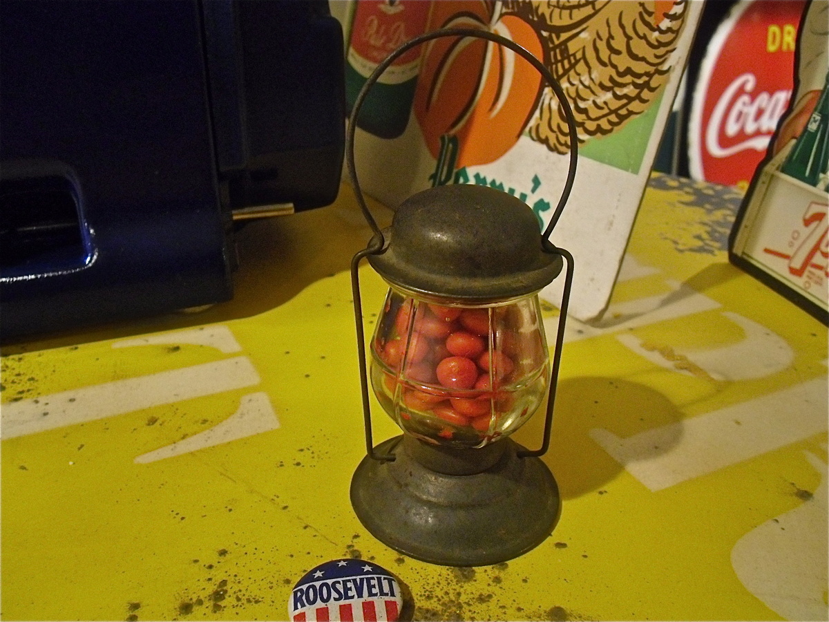Glass Candy Holder, Train Lantern, Full Of Red Hots - Kitchen
