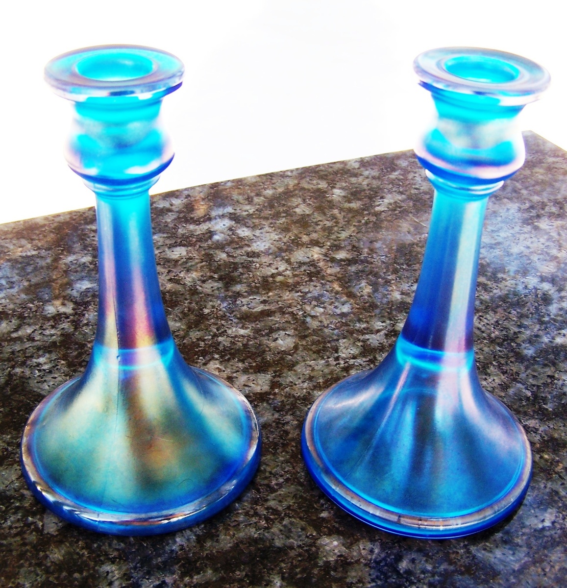 Northwood Stretch Glass Sapphire Blue Trumpet Candle Stick Holders - Glassware