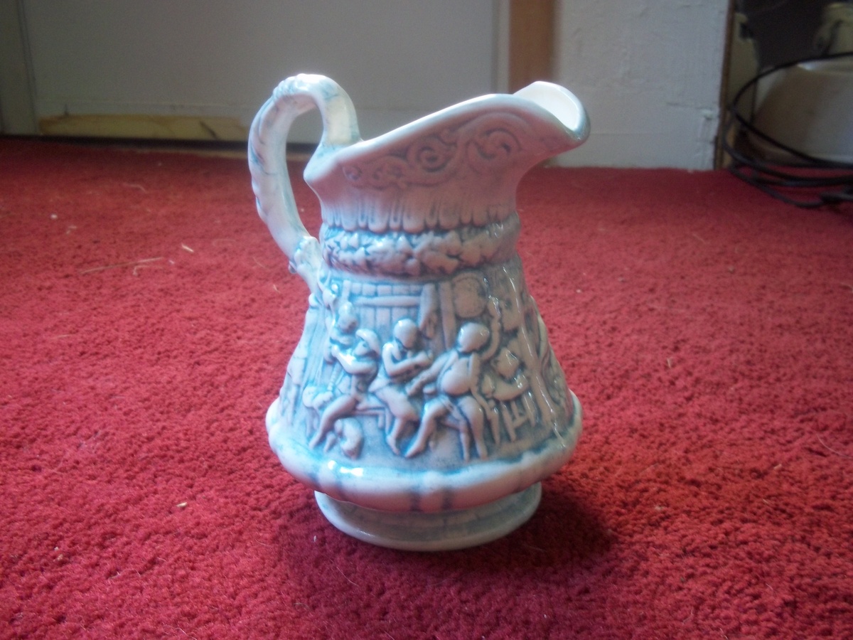 18th Century blue/white pitcher tavern/horse rider scene  Edwards makers mark - Art Pottery