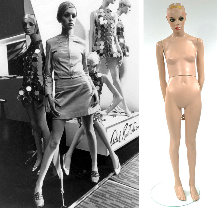 Left, the real Twiggy poses in front of a Rootstein display, and right, Mor...