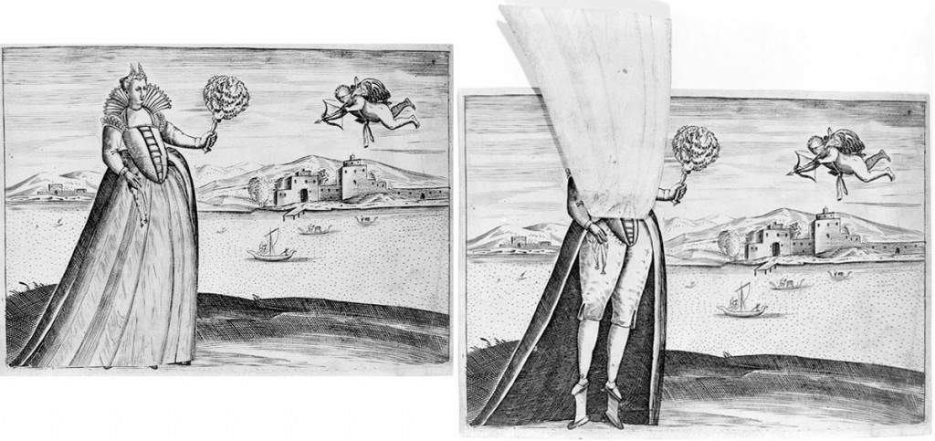Diese Radierung von Pietro Bertelli, genannt "Kurtisane und blinder Amor", wurde mit einem aufklappbaren Kleid hergestellt, das ein Paar venezianische Chopines im Unterwäsche-Stil um 1588 enthüllt. Über das Metropolitan Museum of Art 