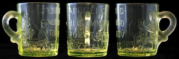 Adamsabcmug An Adams & Co. Vaseline glass mug to help children learn their ABCs, circa 1880s. Photo via Dave Peterson at <a href="http://www.vaselineglass.org/">VaselineGlass.org</a>