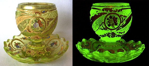 A Bohemian espresso cup and saucer produced between 1850 and 1860 for the Persian market. Natural light on left, UV light on right. Photos via Dave Peterson at <a href="http://www.vaselineglass.org/">VaselineGlass.org</a>