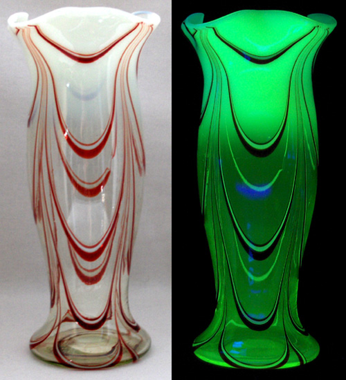 webbdrapesl The drape-like design of this Thomas Webb & Sons vase is called Filomentosa. Circa 1900, in normal light (left) and UV (right). Photo via Dave Peterson at <a href="http://www.vaselineglass.org/">VaselineGlass.org</a>