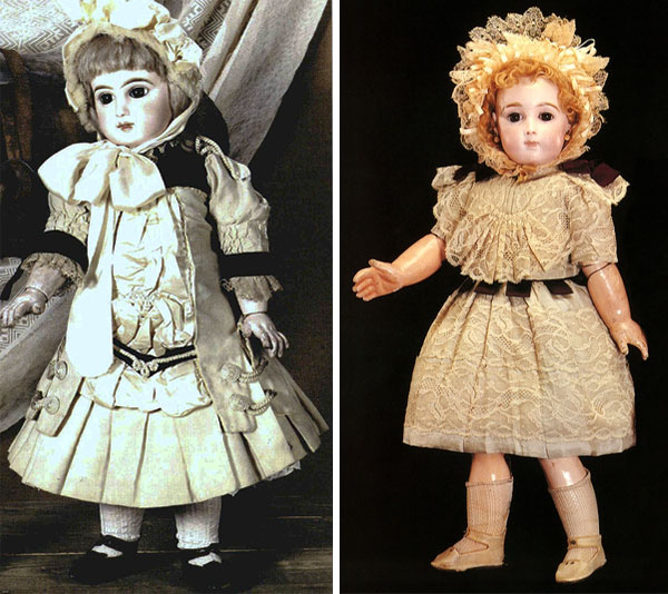 Top: Huguette Clark as a teenager. Above: Two antique French china dolls from Clark's collection. (Photos via the Estate of Huguette M. Clark and Sotheby's, from EmptyMansionsBook.com)