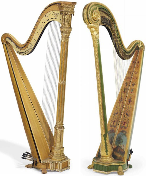 These two Erard 47-string double-action concert harps, from 1912-1915, belonged to Huguette's mother, Anna. The Gothic style harp, at left, sold for $13,750, while the Louis XV style harp, at right, sold for $21,250. (Via Christies.com)