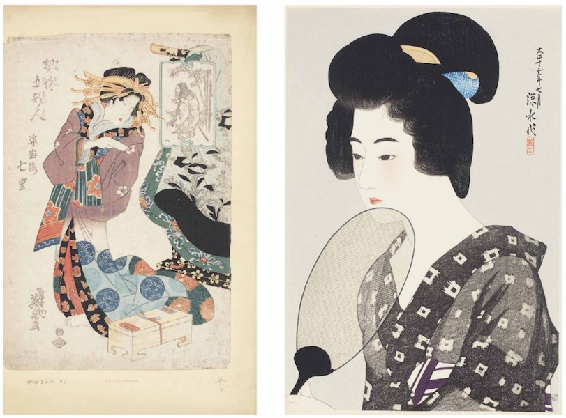 Japanese prints from Huguette's collection included, at left, a standing beauty by Yeisen Keisai and, at right, a beauty with a fan by Ito Shinsui dated July 1924. (Via Christies.com)