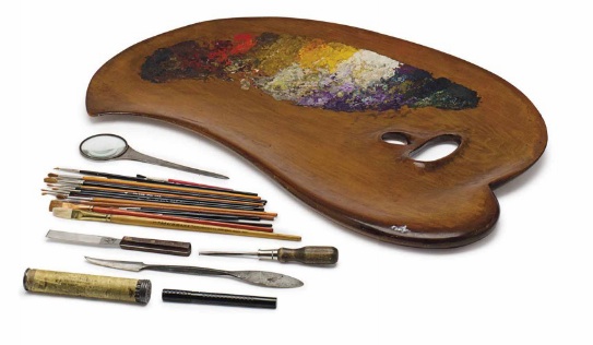 Huguette's art palette, brushes, and other painting tools. (Via Christies.com)