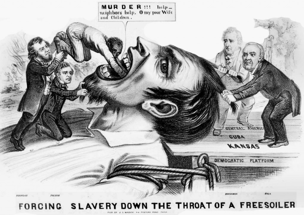 This political cartoon from 1854 expresses the tensions between existing slave states like Missouri and new additions to the Union like Kansas.